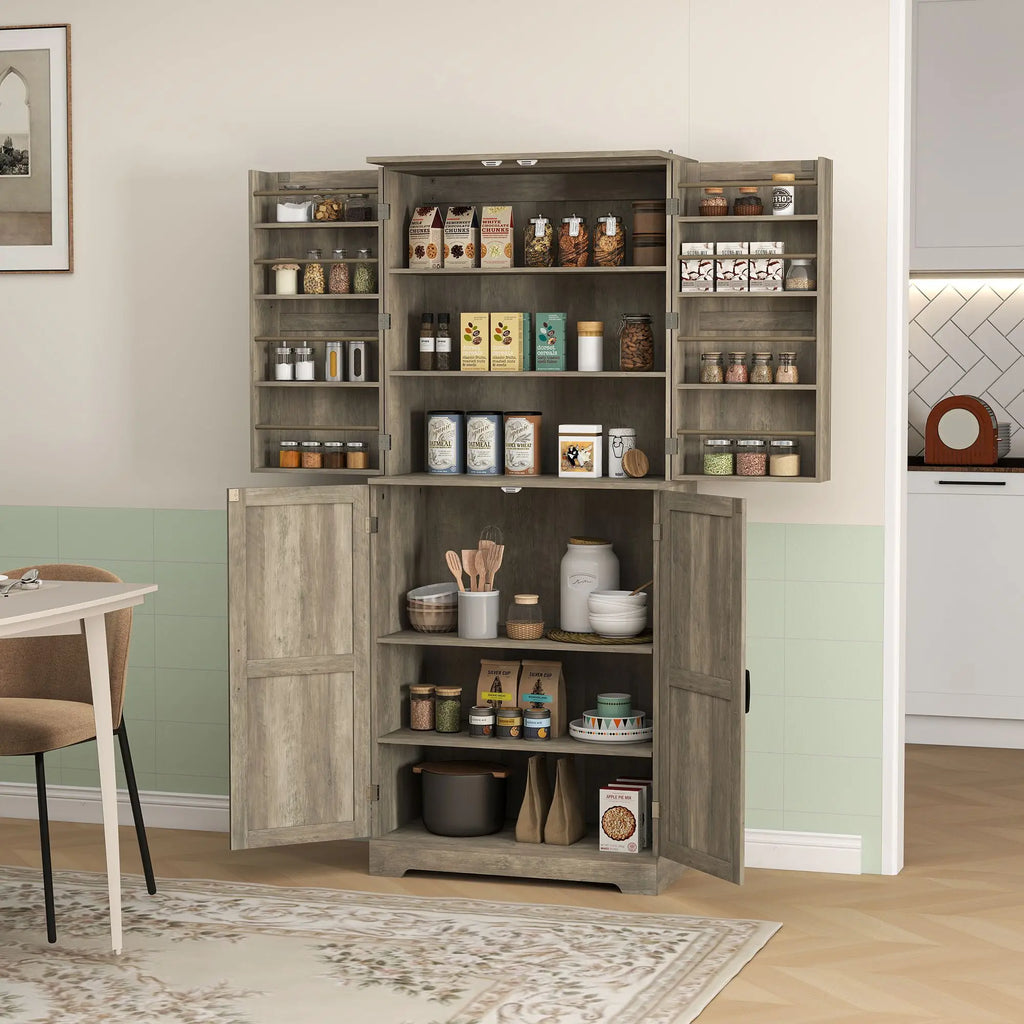 Garde-Manger Style Campagnard 183cm avec 4 Portes Grange - Armoire Cuisine Gris Délavé 12 Étagères