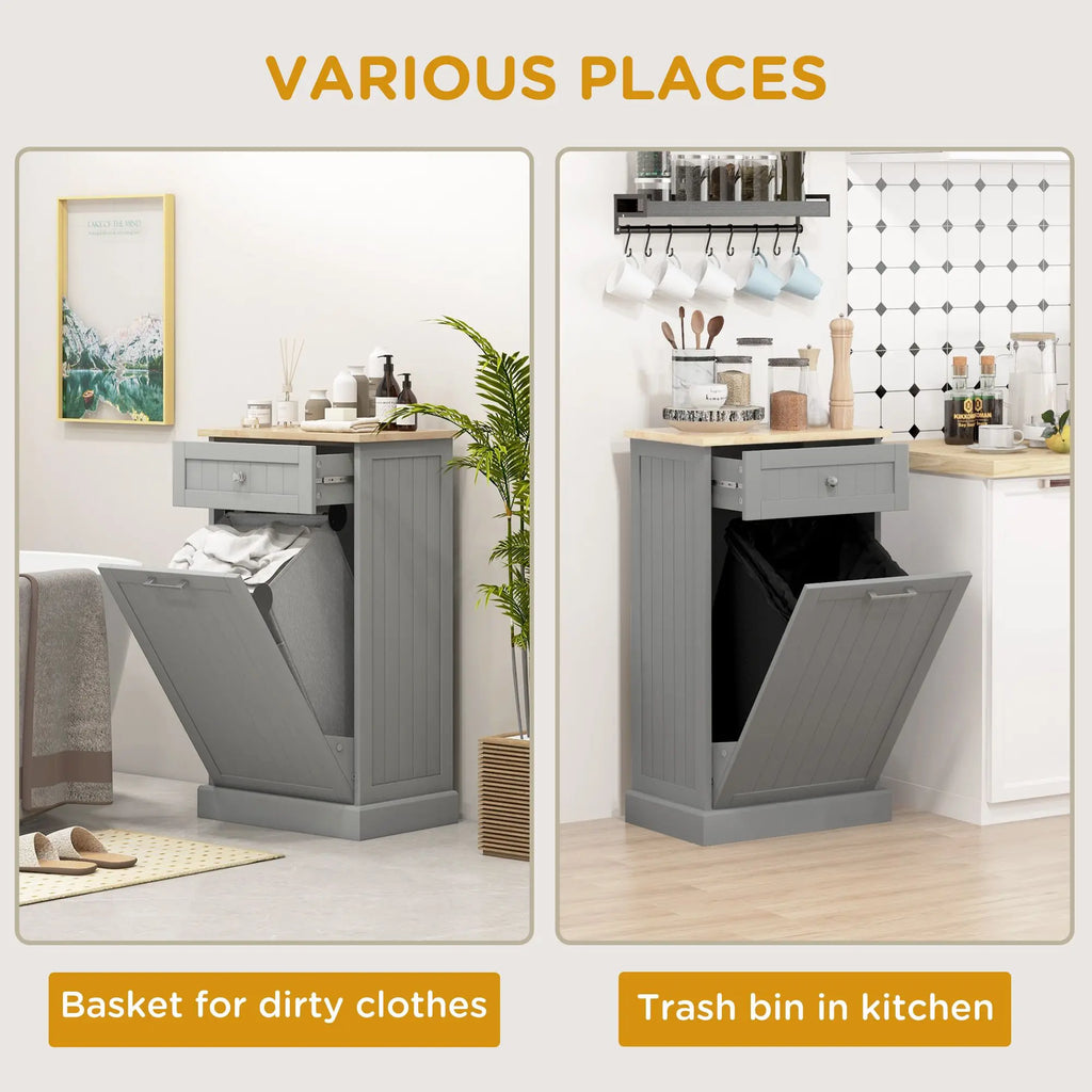 Meuble Poubelle Basculante Gris avec Tiroir - Armoire de Recyclage Autoportante