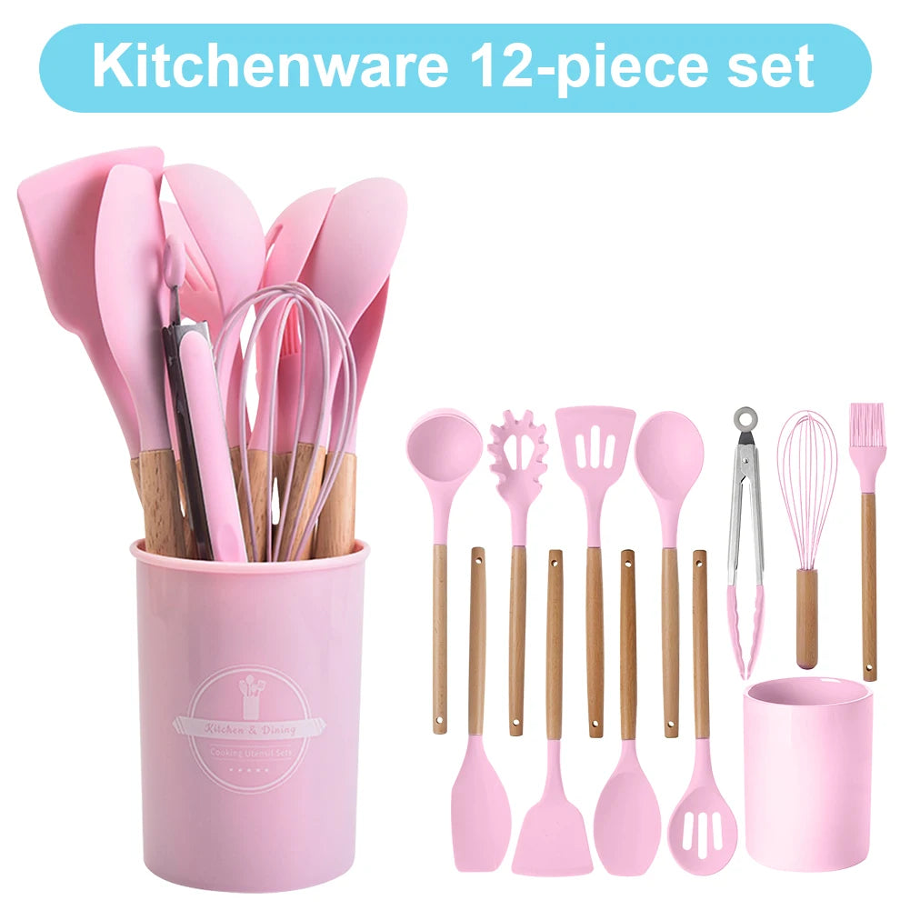 Ensemble de 12 Ustensiles de Cuisine en Silicone avec Support - Kit Complet Antiadhésif Résistant à la Chaleur