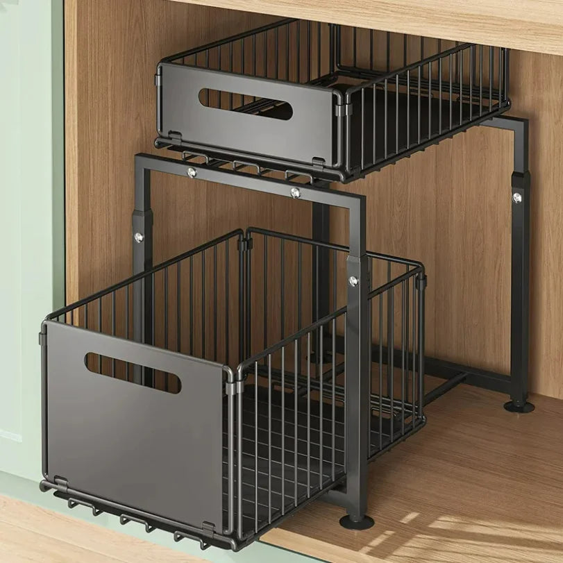 Étagère de Rangement Coulissante Double Couche pour Placard - Panier Organisateur Épices Métal Noir