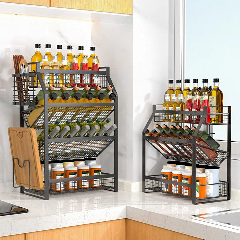 Étagère à Condiments 4 Niveaux avec Tiroirs - Organisateur Métal Noir Comptoir Garde-Manger