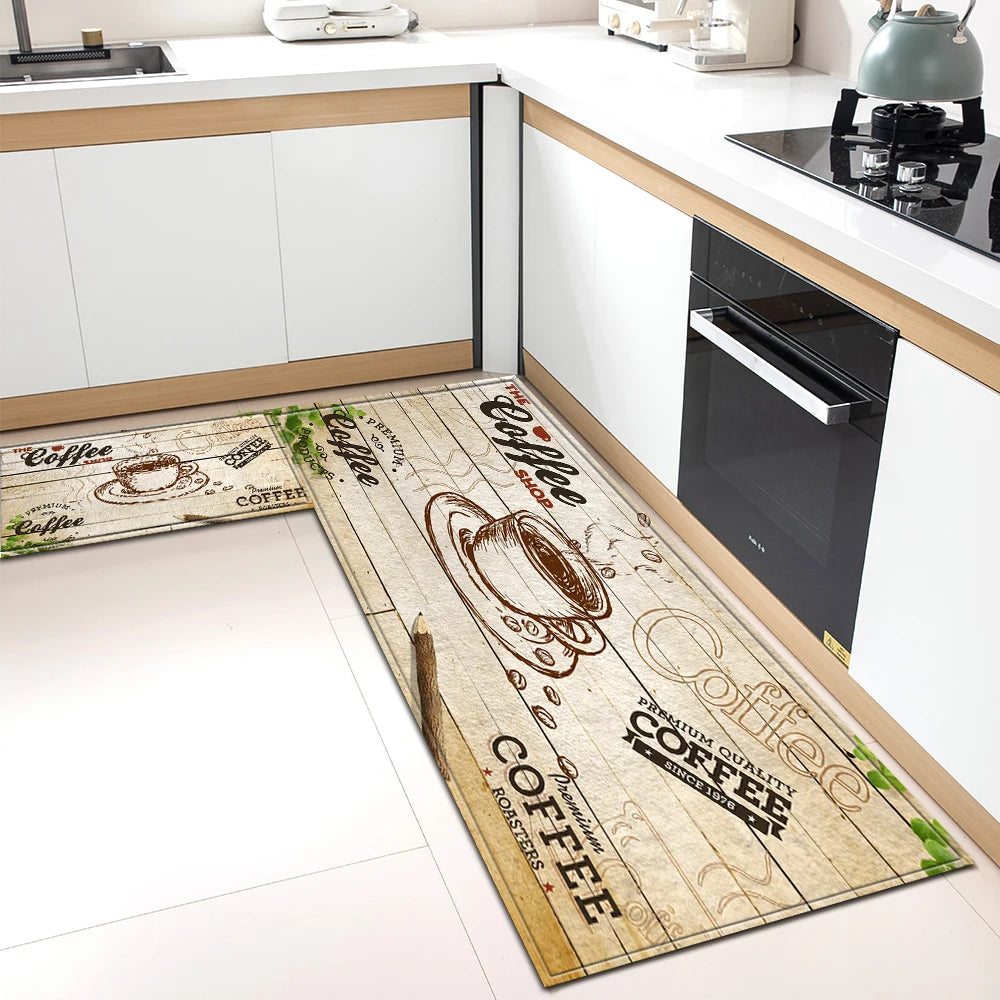 Tapis de Cuisine Motif Café Antidérapant - Tapis Mémoire de Forme Imperméable Polyvalent