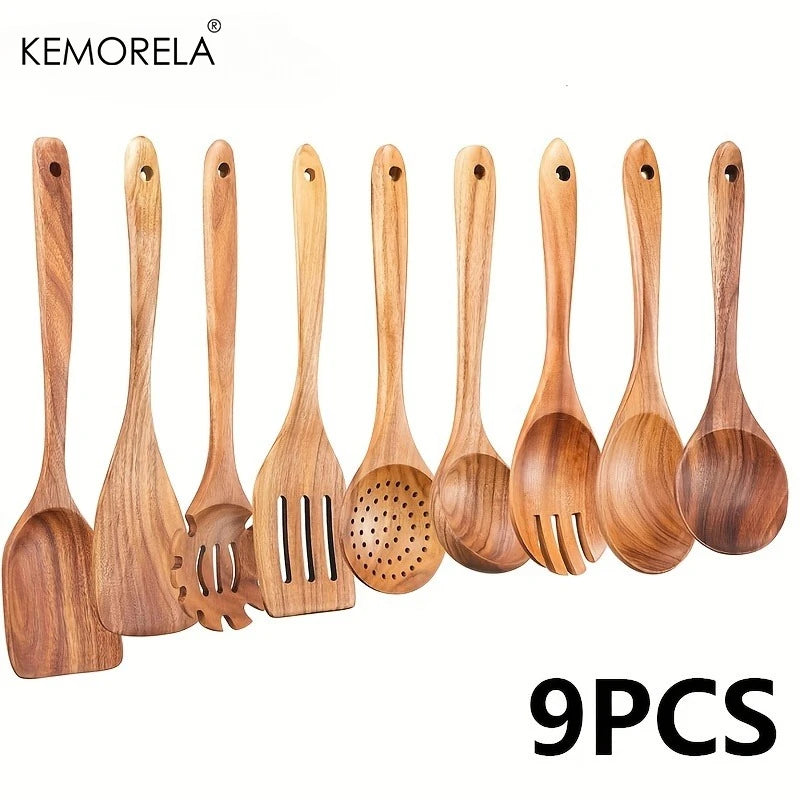 Ensemble de 9 Ustensiles de Cuisine en Bois d'Acacia - Kit Complet Naturel Antiadhésif
