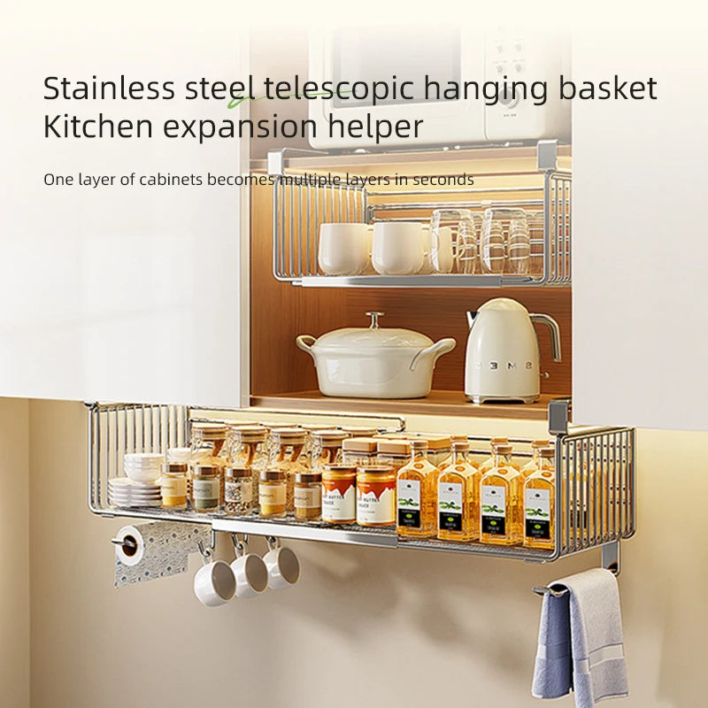 Panier Suspendu Rétractable en Acier Inoxydable – Rangement Sous-Étagère pour Cuisine et Salle de Bain