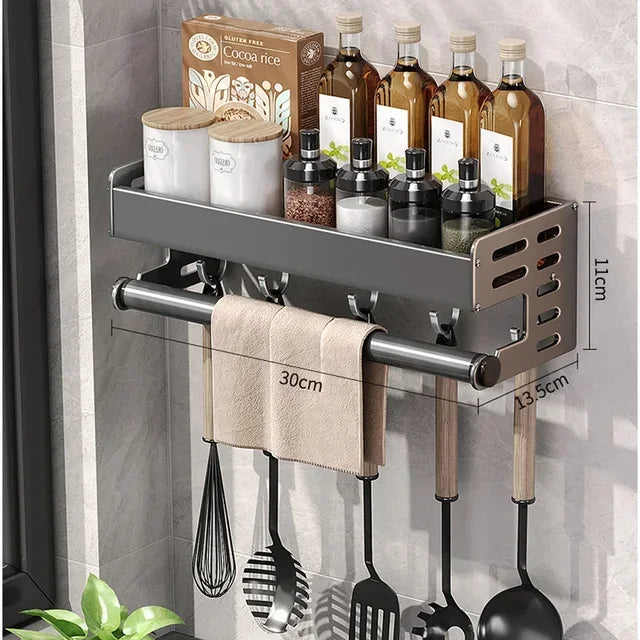Élégant support mural pour condiments de cuisine avec boîte de rangement, étagère multifonctionnelle pour ustensiles de ménage avec distributeur d'huile et de vinaigre.