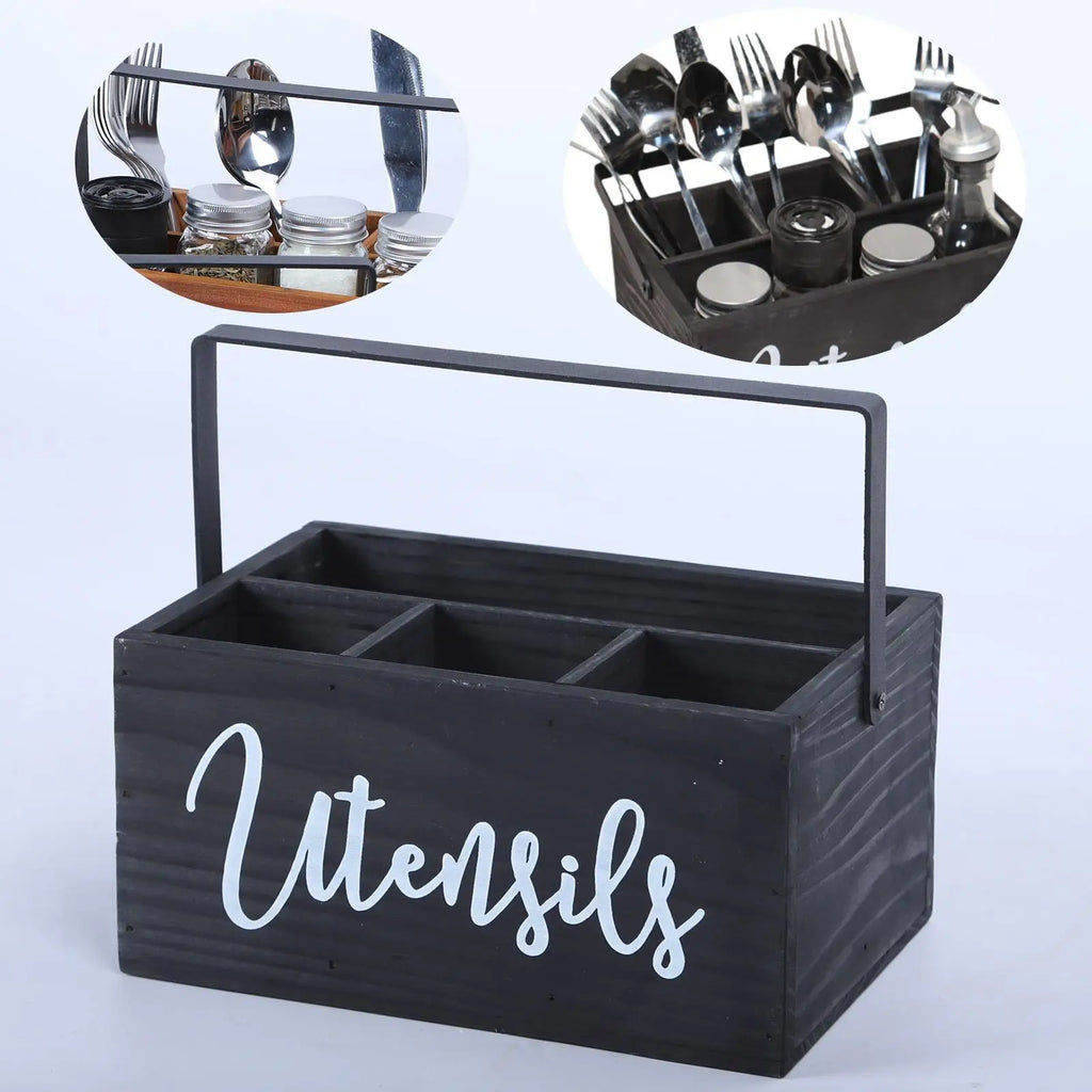 Porte-Ustensiles en Bois Style Campagnard avec 4 Compartiments - Organisateur Rustique pour Comptoir