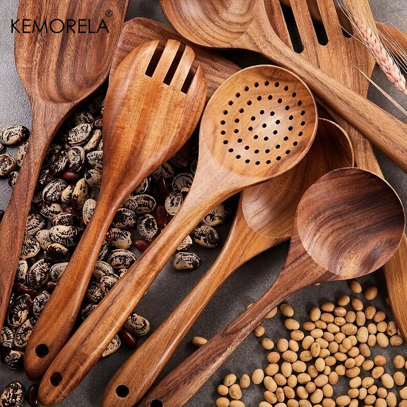 Ensemble de 9 Ustensiles de Cuisine en Bois d'Acacia - Kit Complet Naturel Antiadhésif