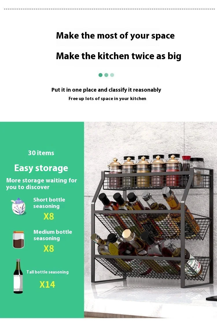 Étagère à Condiments 4 Niveaux avec Tiroirs - Organisateur Métal Noir Comptoir Garde-Manger