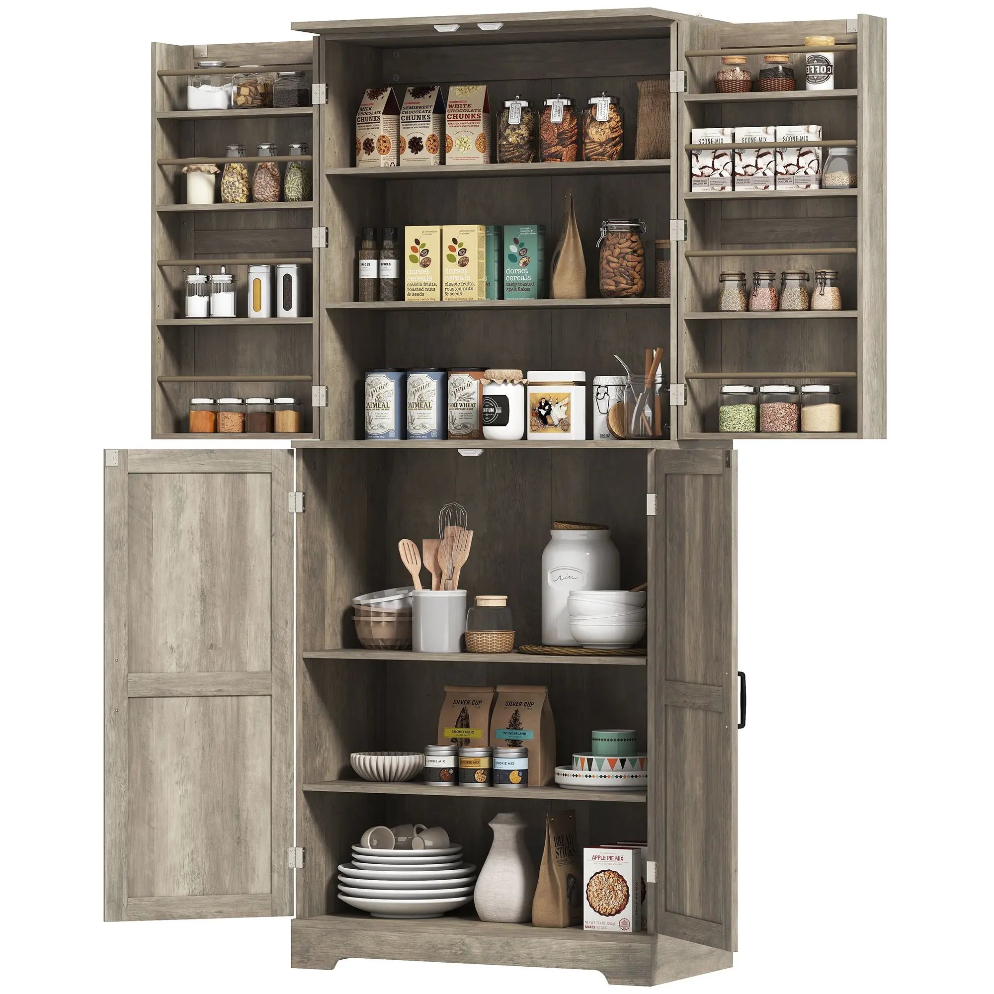 Garde-Manger Style Campagnard 183cm avec 4 Portes Grange - Armoire Cuisine Gris Délavé 12 Étagères