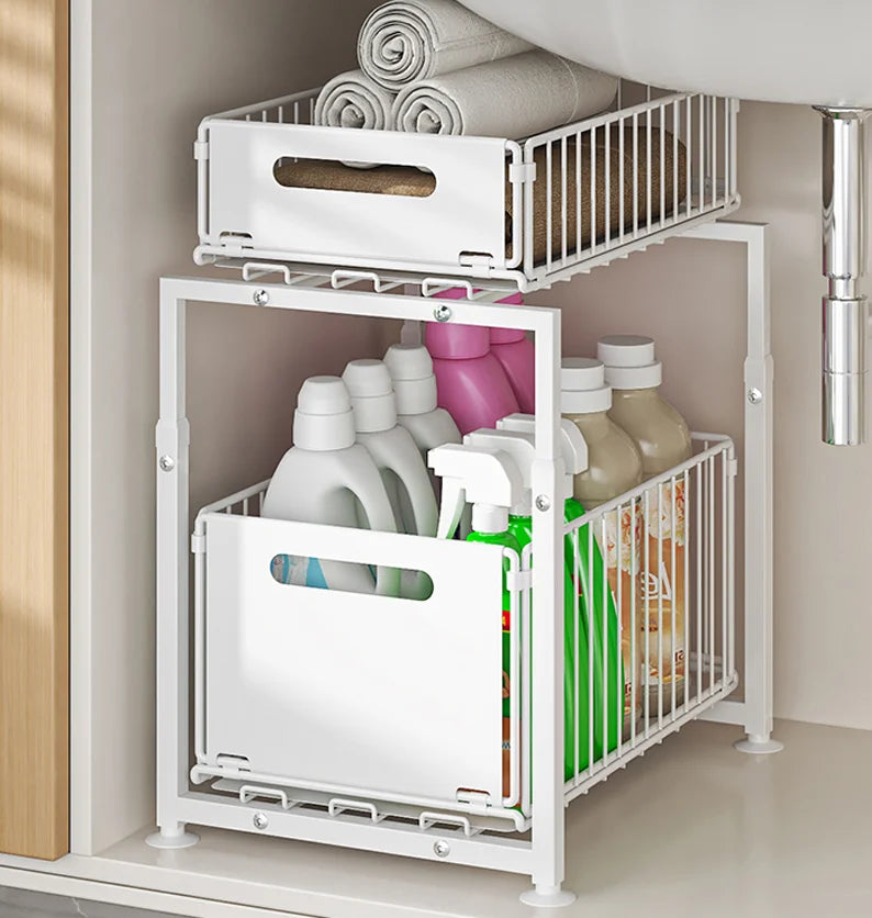 Étagère de Rangement Coulissante Double Couche pour Placard - Panier Organisateur Épices Métal Noir