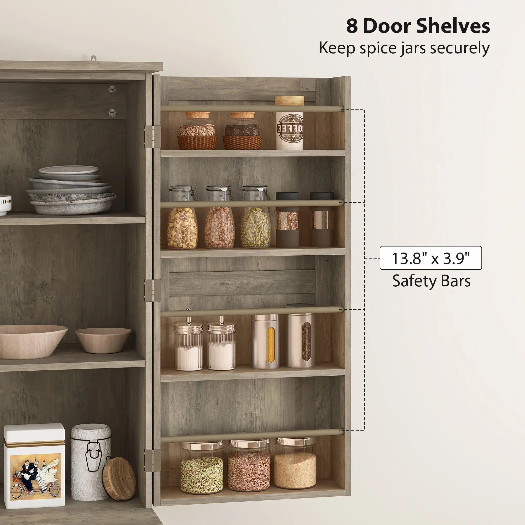 Garde-Manger Style Campagnard 183cm avec 4 Portes Grange - Armoire Cuisine Gris Délavé 12 Étagères