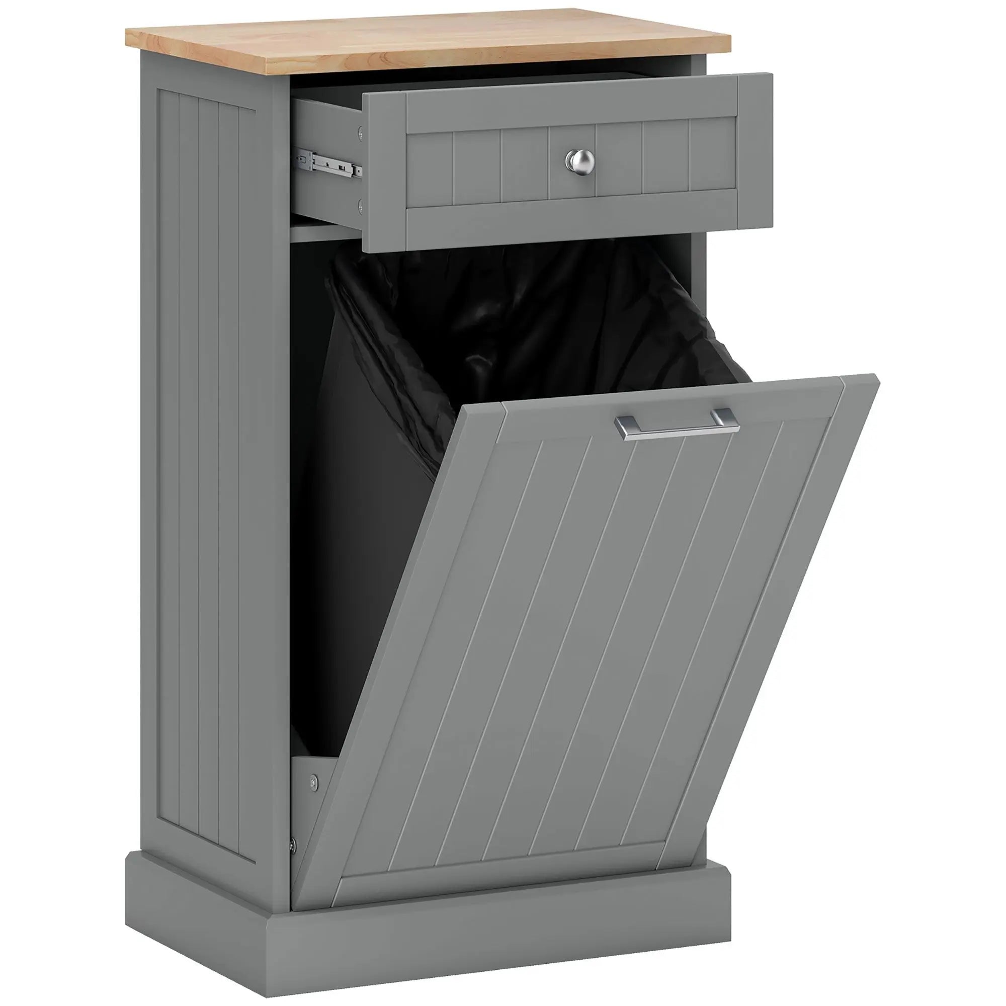Meuble Poubelle Basculante Gris avec Tiroir - Armoire de Recyclage Autoportante