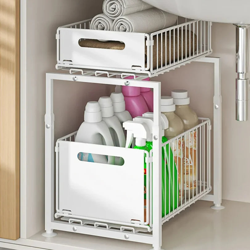 Étagère de Rangement Coulissante Double Couche pour Placard - Panier Organisateur Épices Métal Noir