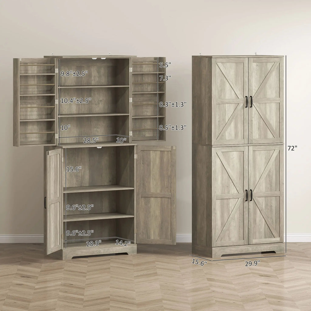Garde-Manger Style Campagnard 183cm avec 4 Portes Grange - Armoire Cuisine Gris Délavé 12 Étagères