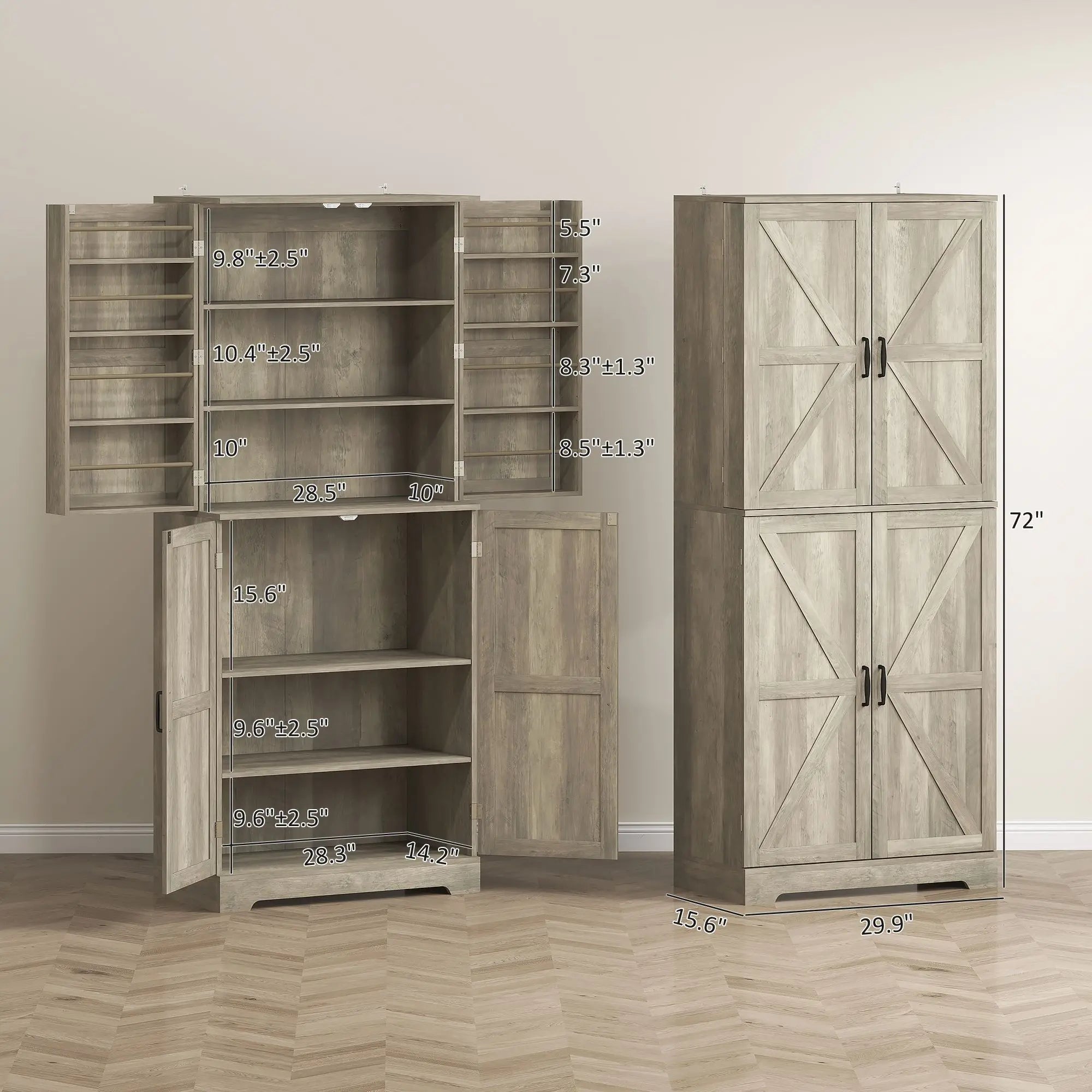 Garde-Manger Style Campagnard 183cm avec 4 Portes Grange - Armoire Cuisine Gris Délavé 12 Étagères