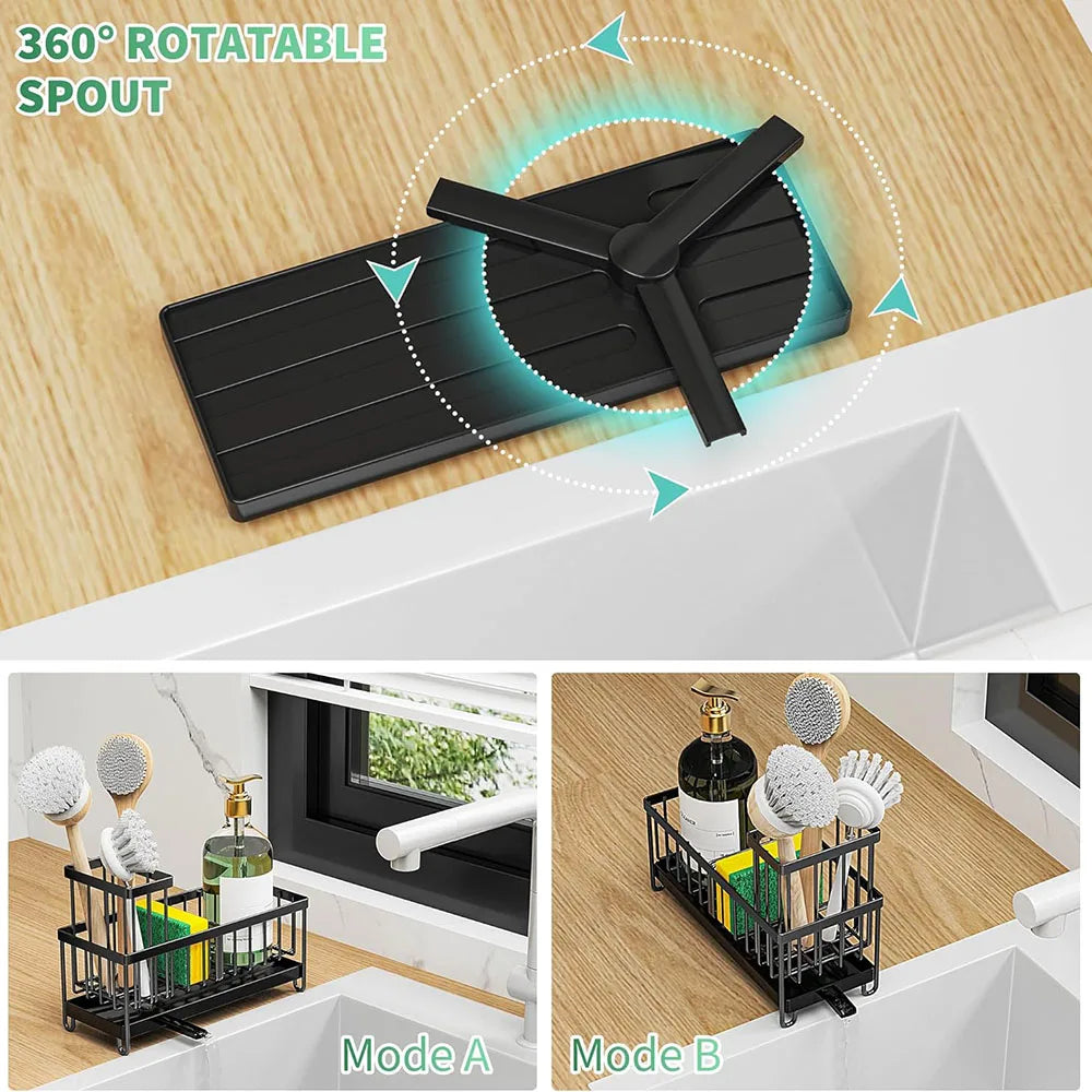 Organisateur d'Évier avec Porte-Éponge et Porte-Brosse - Panier Rangement Évier Métal Noir