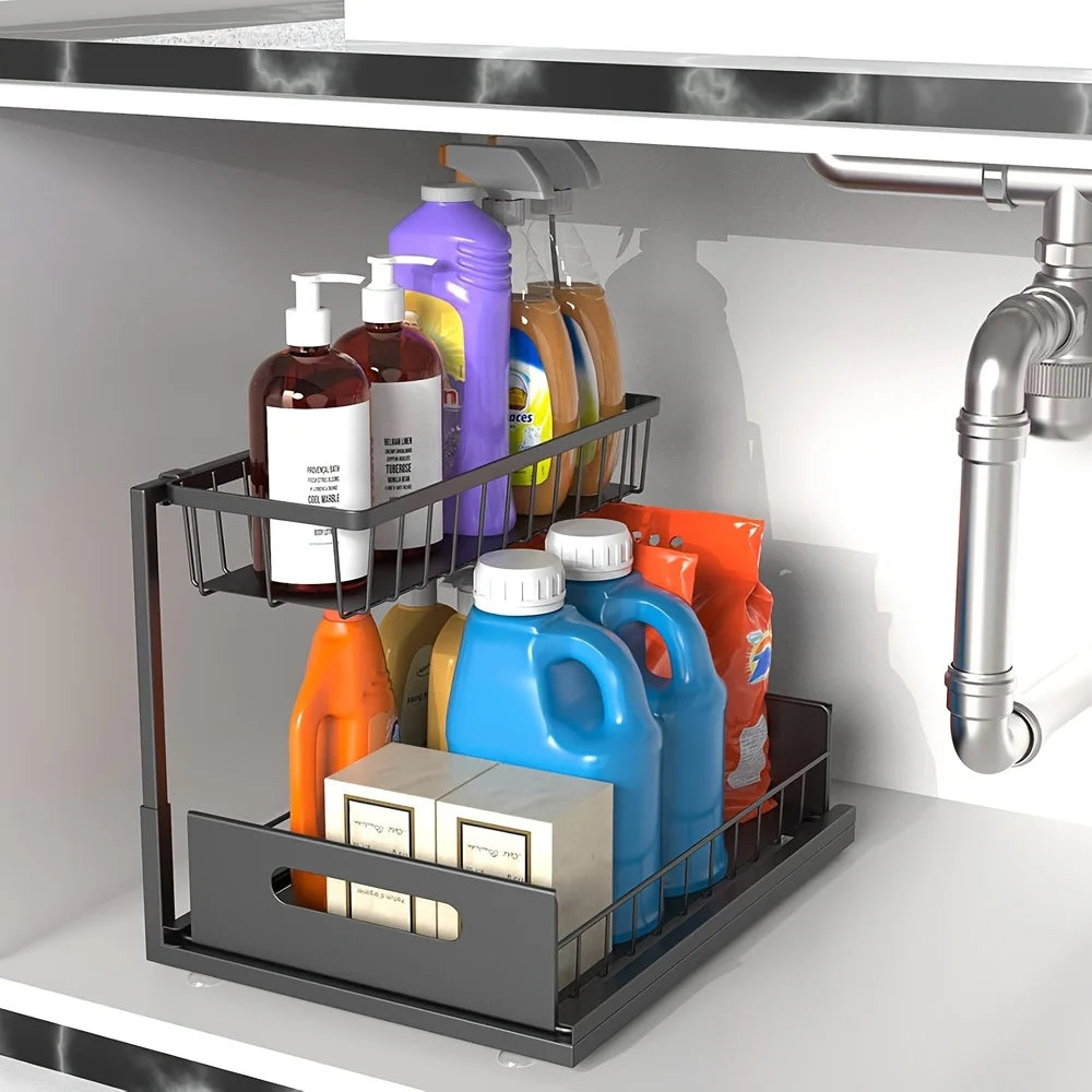 Organisateur Coulissant 2 Niveaux Sous-Évier - Rangement Métal Antirouille Cuisine Salle de Bain