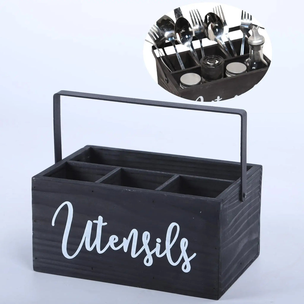 Porte-Ustensiles en Bois Style Campagnard avec 4 Compartiments - Organisateur Rustique pour Comptoir