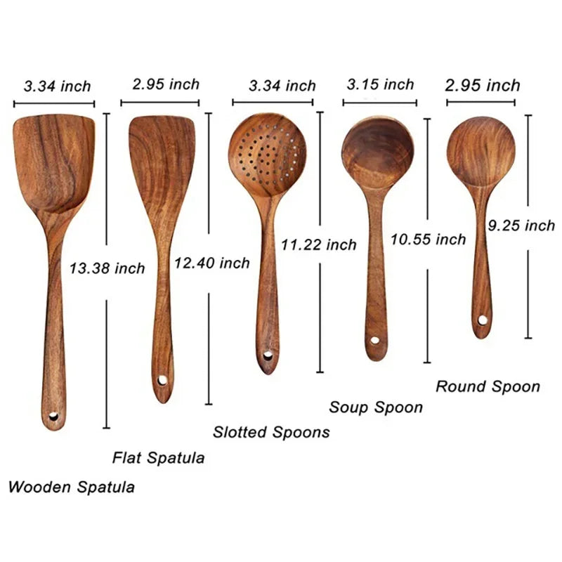 Ensemble de 9 Ustensiles de Cuisine en Bois - Cuillères et Outils Naturels Écologiques