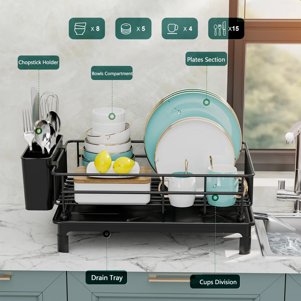 Organisateur de Cuisine Multifonctionnel - Égouttoir à Vaisselle Empilable pour Comptoir avec Rangement