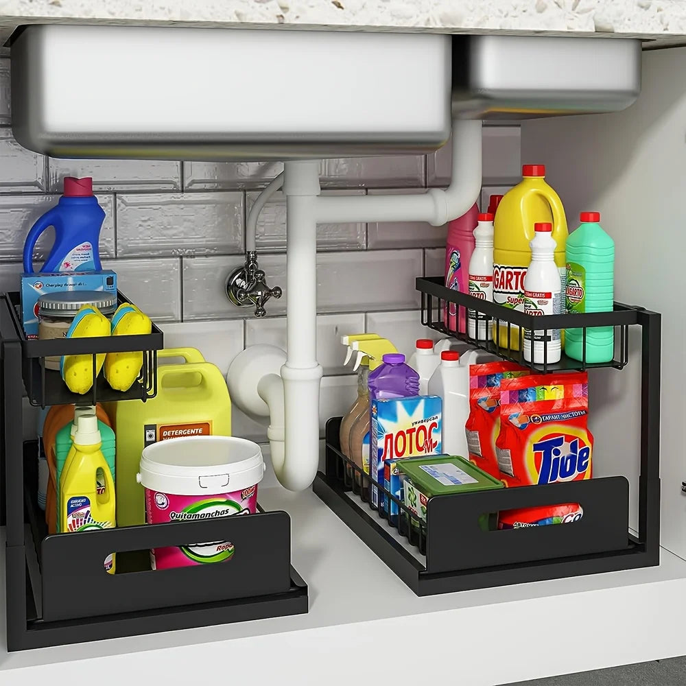 Organisateur Coulissant 2 Niveaux Sous-Évier - Rangement Métal Antirouille Cuisine Salle de Bain