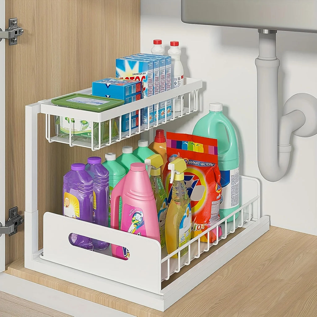 Organisateur Coulissant 2 Niveaux Sous-Évier - Rangement Métal Antirouille Cuisine Salle de Bain