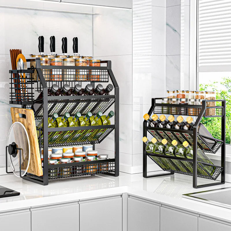 Étagère à Condiments 4 Niveaux avec Tiroirs - Organisateur Métal Noir Comptoir Garde-Manger