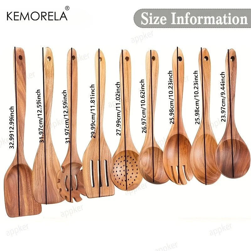 Ensemble de 9 Ustensiles de Cuisine en Bois d'Acacia - Kit Complet Naturel Antiadhésif