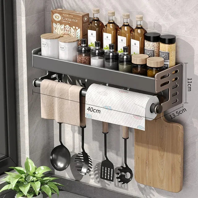 Élégant support mural pour condiments de cuisine avec boîte de rangement, étagère multifonctionnelle pour ustensiles de ménage avec distributeur d'huile et de vinaigre.