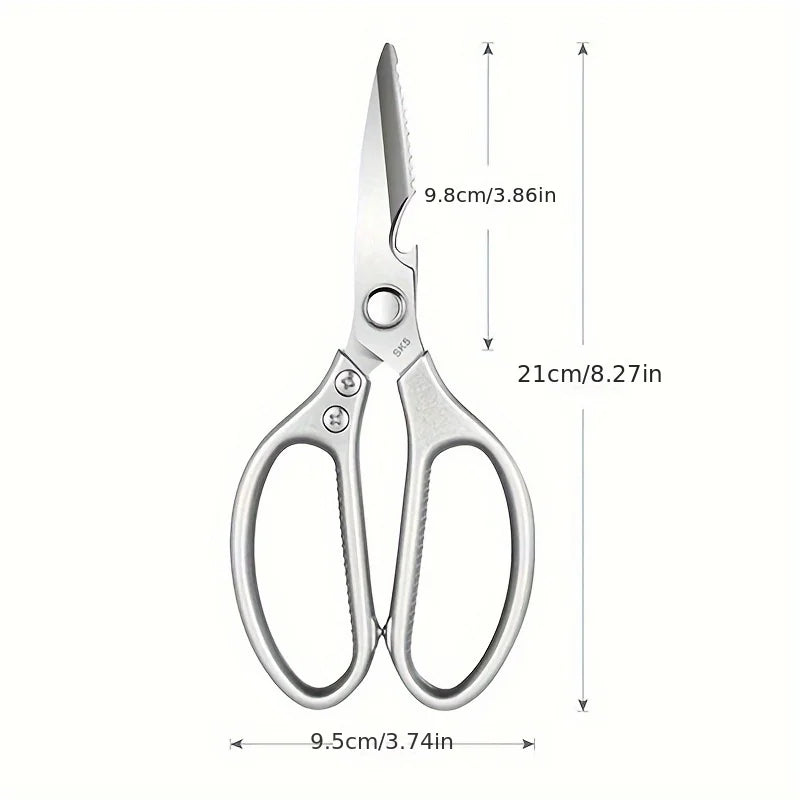 Ciseaux de cuisine multifonctionnels en acier inox 304 argenté, 21 cm, lames tranchantes.