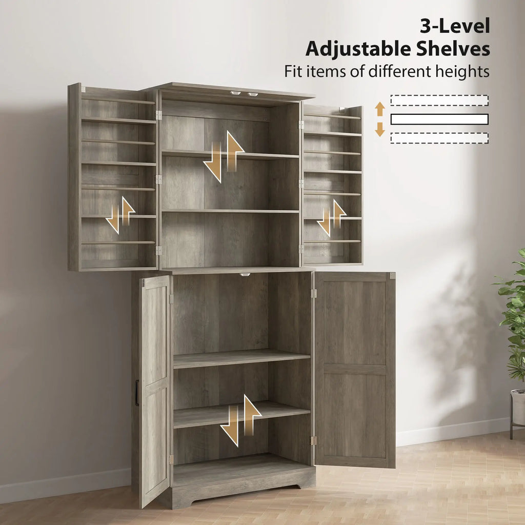 Garde-Manger Style Campagnard 183cm avec 4 Portes Grange - Armoire Cuisine Gris Délavé 12 Étagères