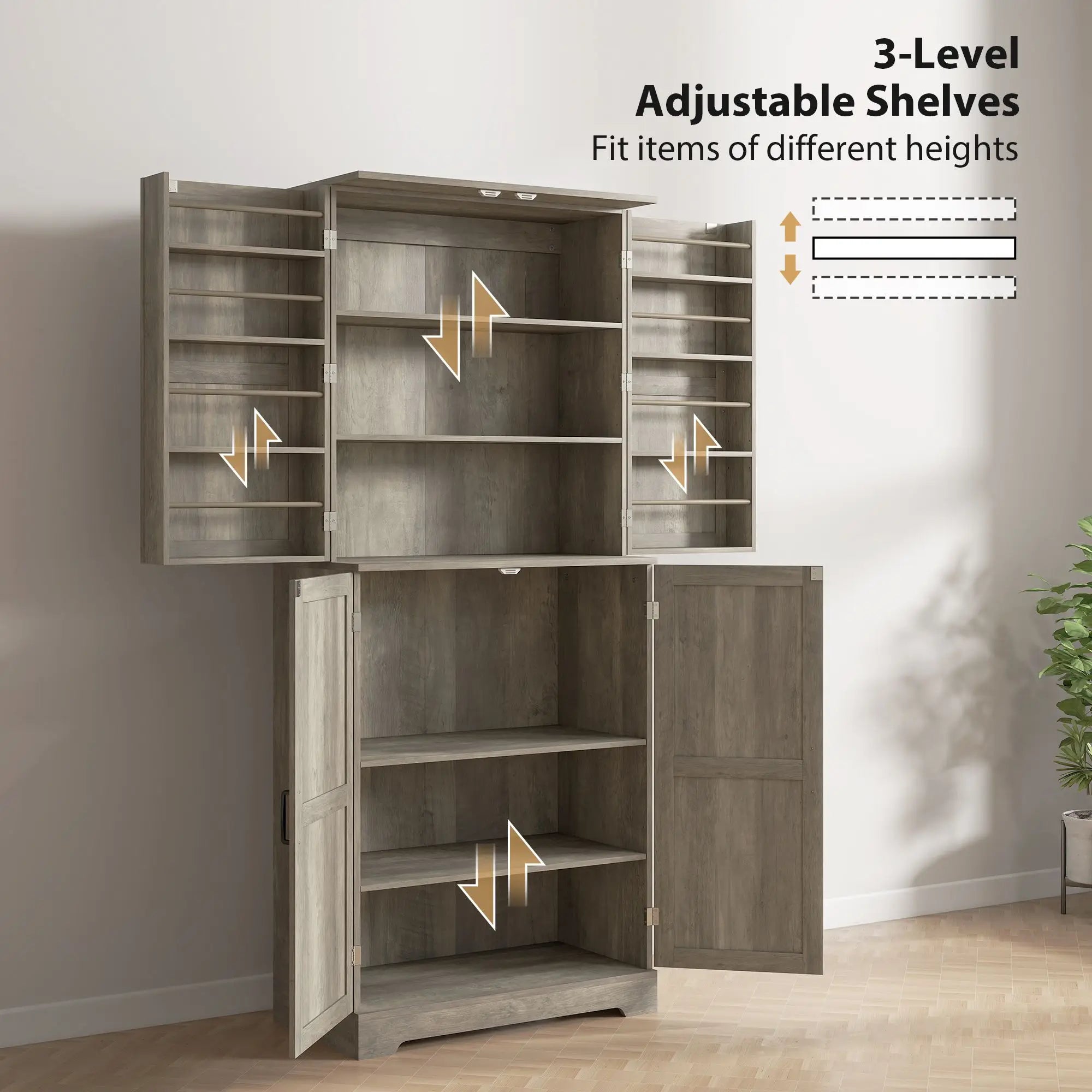 Garde-Manger Style Campagnard 183cm avec 4 Portes Grange - Armoire Cuisine Gris Délavé 12 Étagères