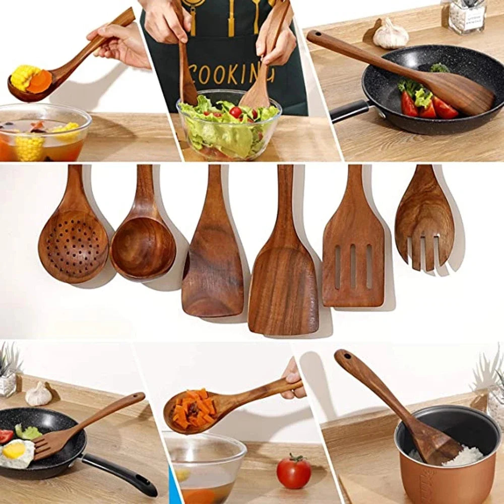 Ensemble de 9 Ustensiles de Cuisine en Bois - Cuillères et Outils Naturels Écologiques