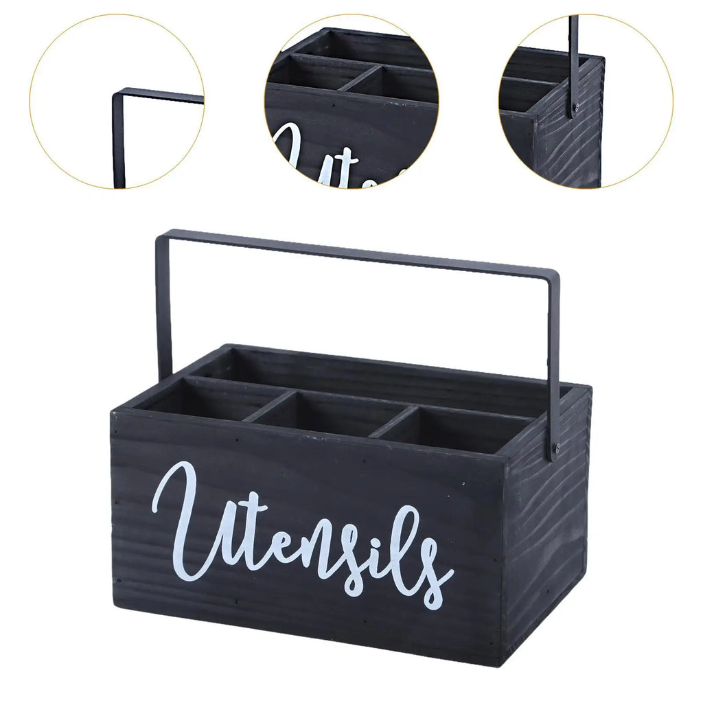 Porte-Ustensiles en Bois Style Campagnard avec 4 Compartiments - Organisateur Rustique pour Comptoir