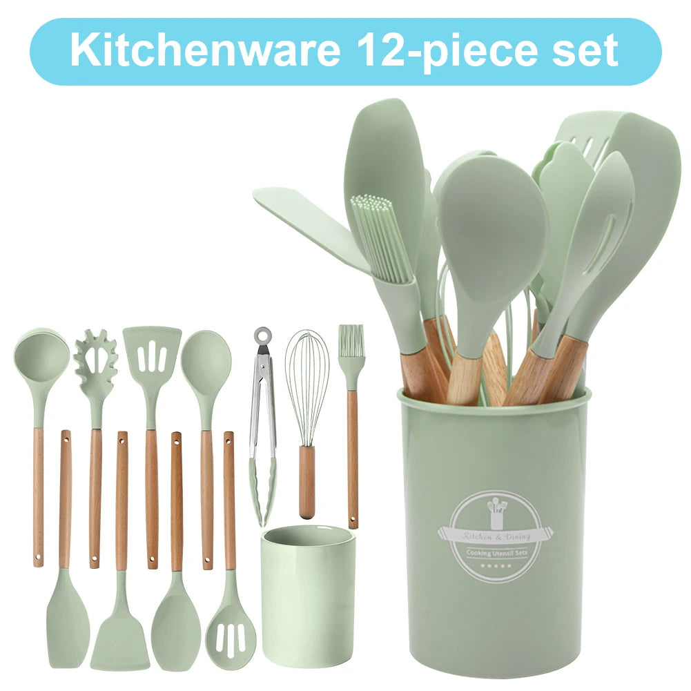 Ensemble de 12 Ustensiles de Cuisine en Silicone avec Support - Kit Complet Antiadhésif Résistant à la Chaleur