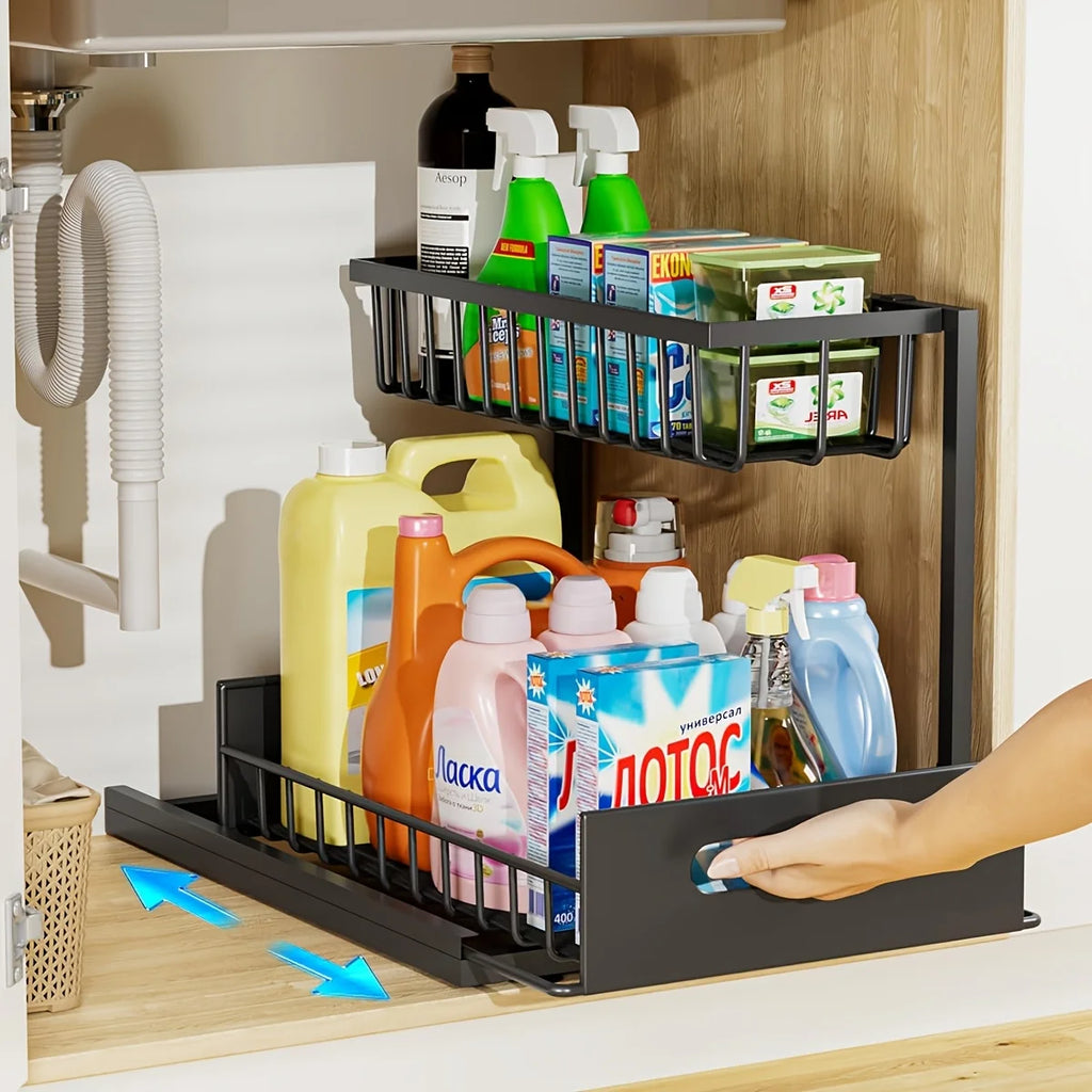Organisateur Coulissant 2 Niveaux Sous-Évier - Rangement Métal Antirouille Cuisine Salle de Bain