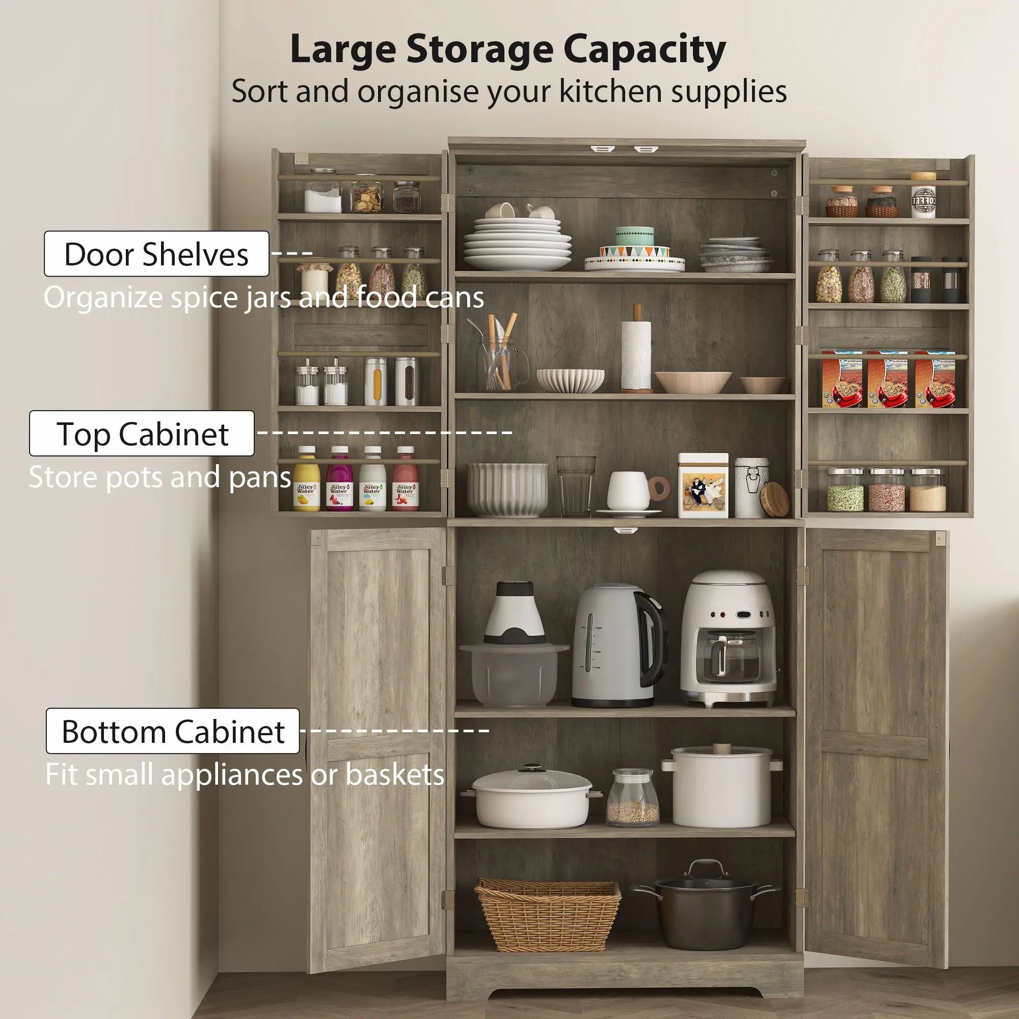 Garde-Manger Style Campagnard 183cm avec 4 Portes Grange - Armoire Cuisine Gris Délavé 12 Étagères
