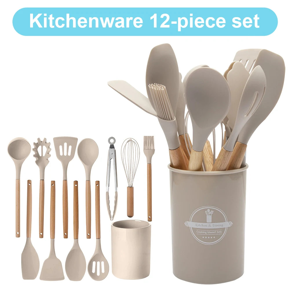 Ensemble de 12 Ustensiles de Cuisine en Silicone avec Support - Kit Complet Antiadhésif Résistant à la Chaleur
