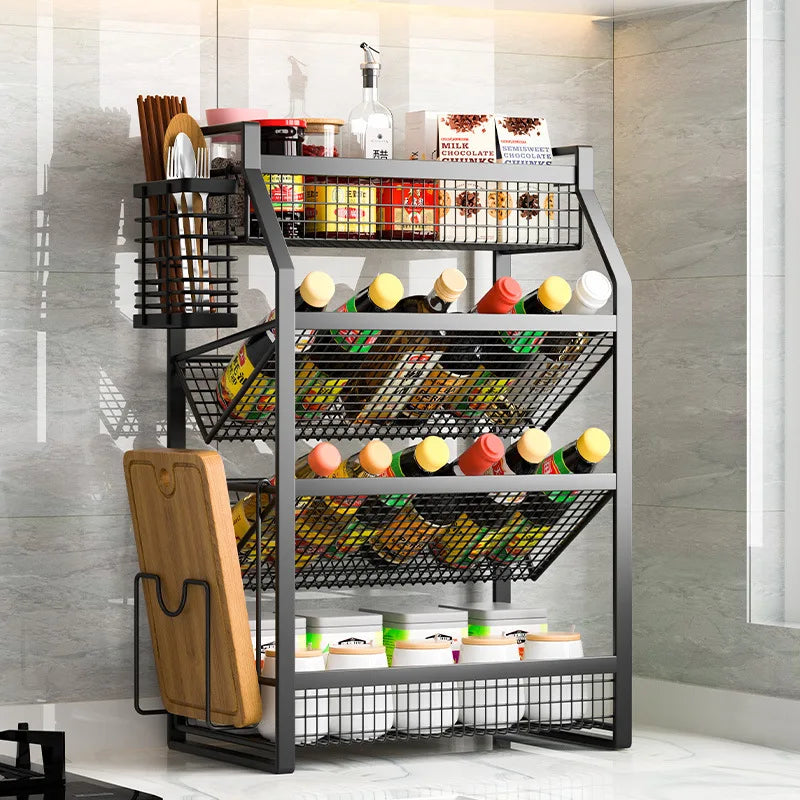 Étagère à Condiments 4 Niveaux avec Tiroirs - Organisateur Métal Noir Comptoir Garde-Manger