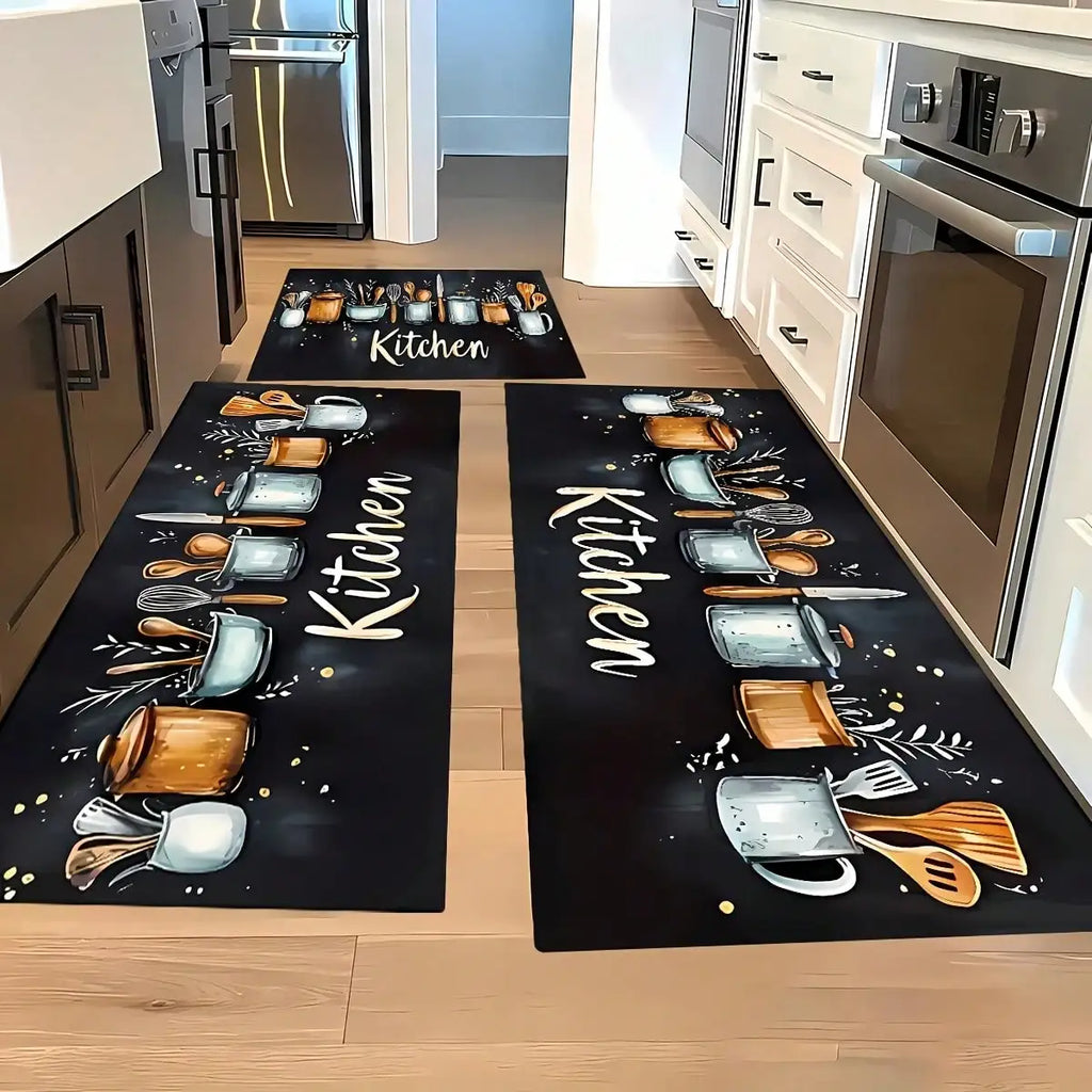 Tapis de Cuisine Motif Ustensiles "Bon Appétit" - Tapis Décoratif Polyester pour Salle à Manger