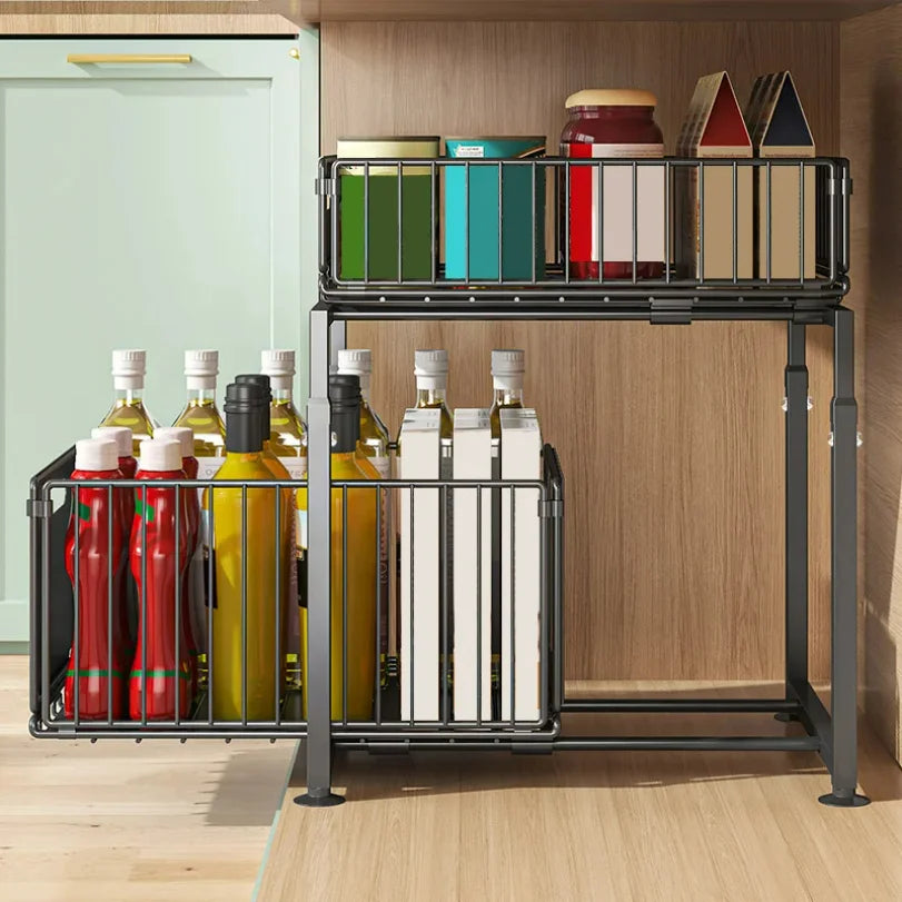 Étagère de Rangement Coulissante Double Couche pour Placard - Panier Organisateur Épices Métal Noir