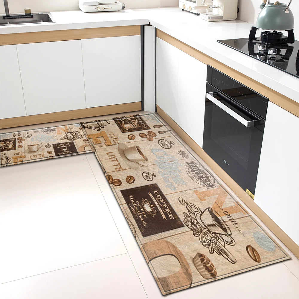 Tapis de Cuisine Motif Café Antidérapant - Tapis Mémoire de Forme Imperméable Polyvalent