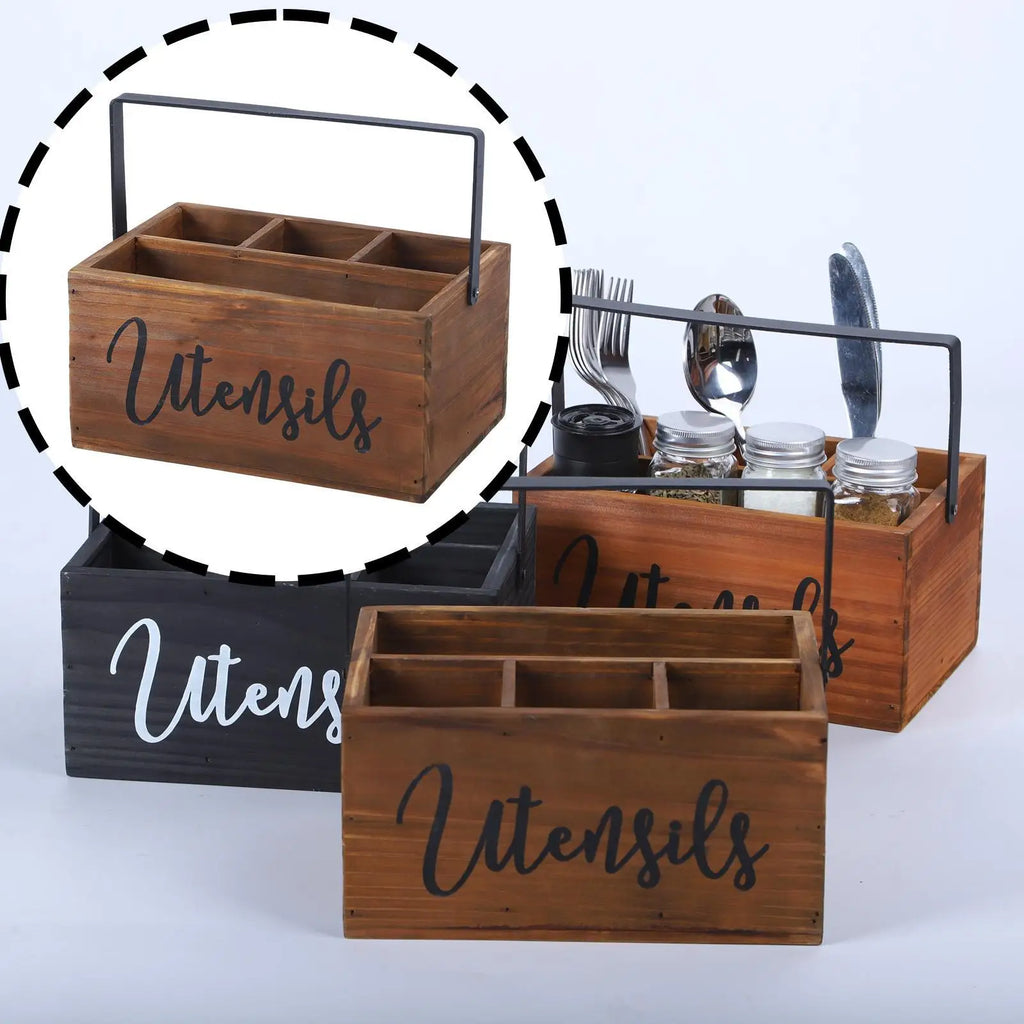 Porte-Ustensiles en Bois Style Campagnard avec 4 Compartiments - Organisateur Rustique pour Comptoir
