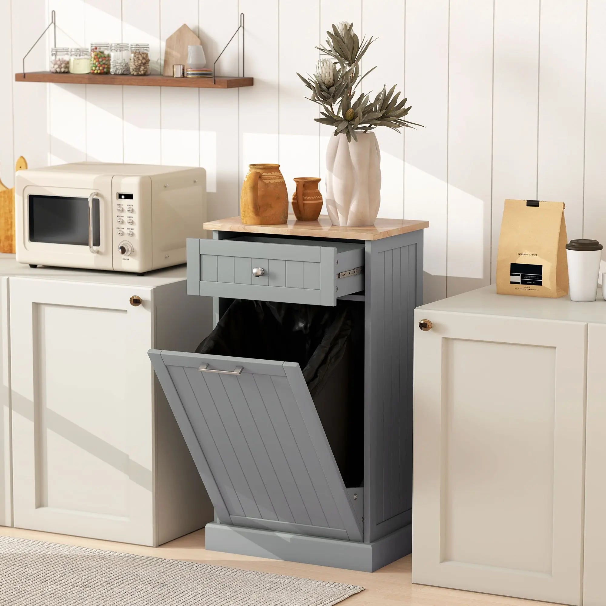 Meuble Poubelle Basculante Gris avec Tiroir - Armoire de Recyclage Autoportante