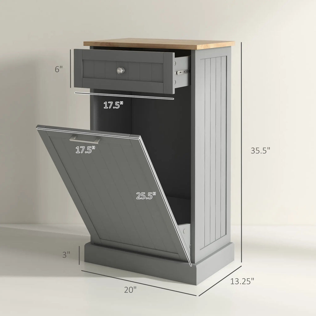 Meuble Poubelle Basculante Gris avec Tiroir - Armoire de Recyclage Autoportante