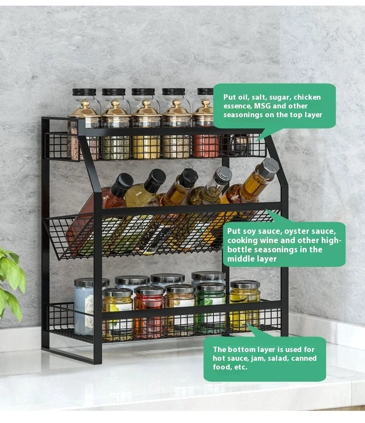 Étagère à Condiments 4 Niveaux avec Tiroirs - Organisateur Métal Noir Comptoir Garde-Manger