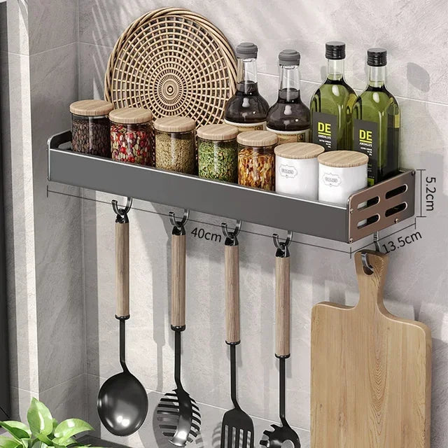 Élégant support mural pour condiments de cuisine avec boîte de rangement, étagère multifonctionnelle pour ustensiles de ménage avec distributeur d'huile et de vinaigre.