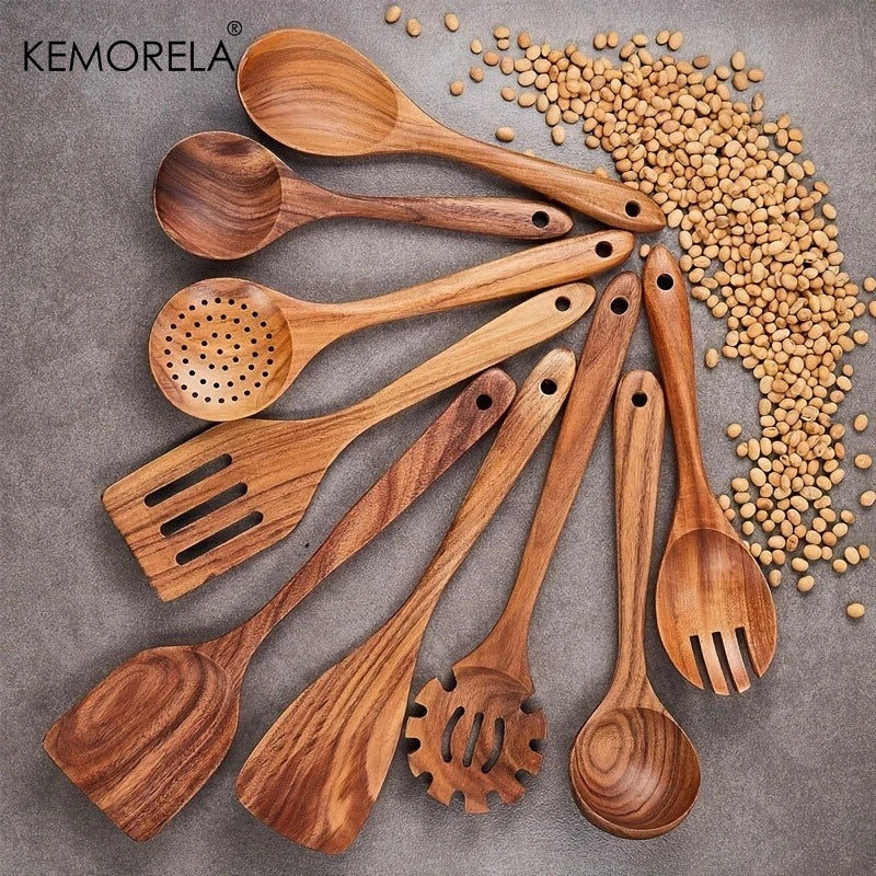 Ensemble de 9 Ustensiles de Cuisine en Bois d'Acacia - Kit Complet Naturel Antiadhésif