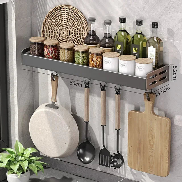 Élégant support mural pour condiments de cuisine avec boîte de rangement, étagère multifonctionnelle pour ustensiles de ménage avec distributeur d'huile et de vinaigre.