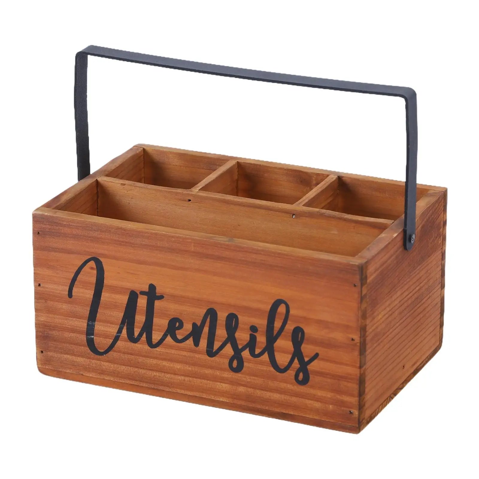 Porte-Ustensiles en Bois Style Campagnard avec 4 Compartiments - Organisateur Rustique pour Comptoir
